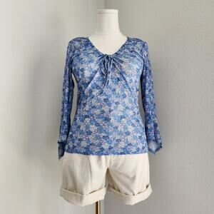 Vintage Y2K Blue Floral V Neck Drawstring Long Sleeve Blouse Fashion Bug M